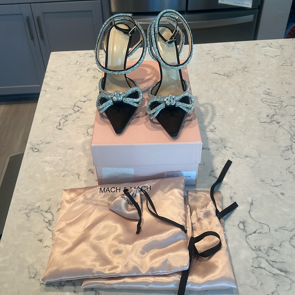 MACH & MACH Black Double Bow Satin Heels size 39.5